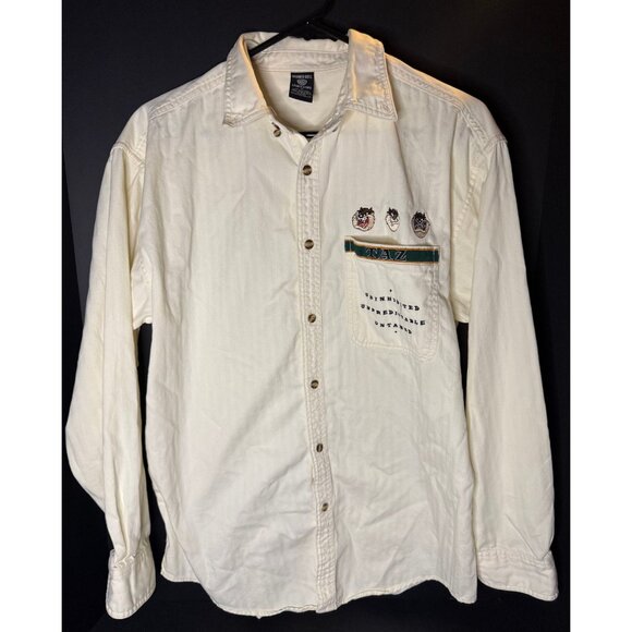 Vtg Taz Tasmanian Devil Warner Bros Embroidered Chest Pocket Button Shirt Mens M - Picture 2 of 7